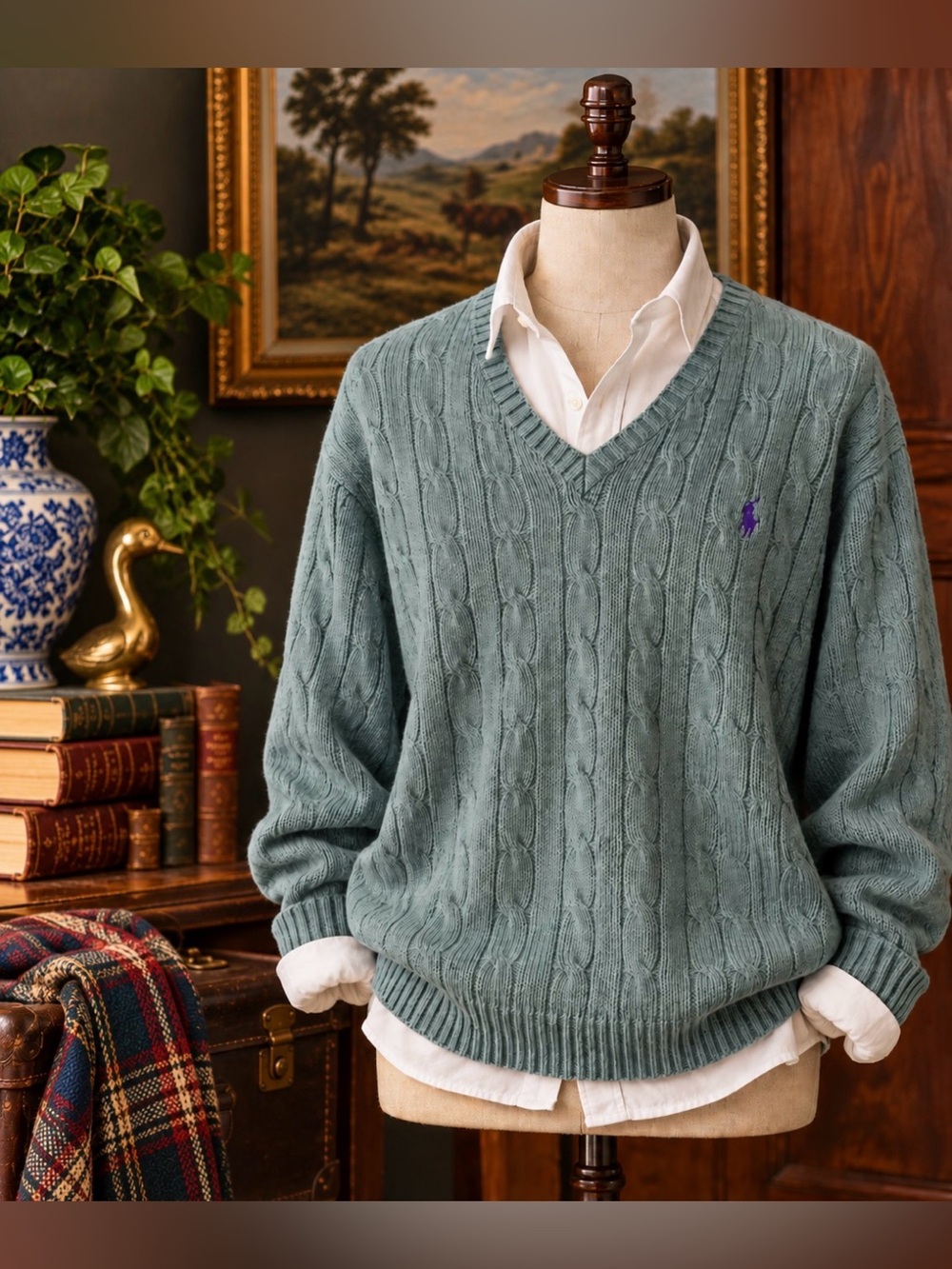 Polo by Ralph Lauren - Vintage 90s- Sage Green -Cable Silk V-Neck Sweater Pony